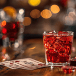 a close up of a glass of drink on a table