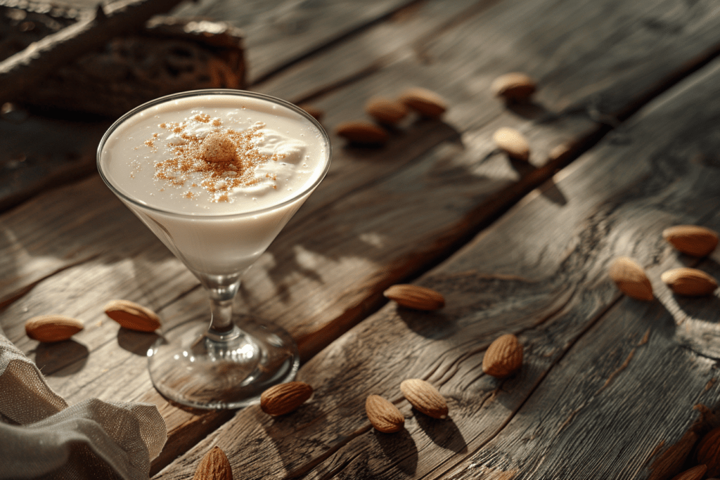 a drink with almonds on a wooden table