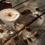 a drink with almonds on a wooden table