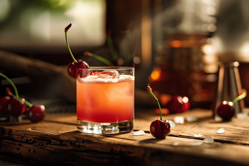 a drink with cherries on a wooden table