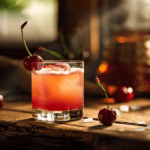 a drink with cherries on a wooden table