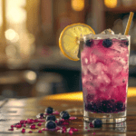 a drink with ice and blueberries on a table