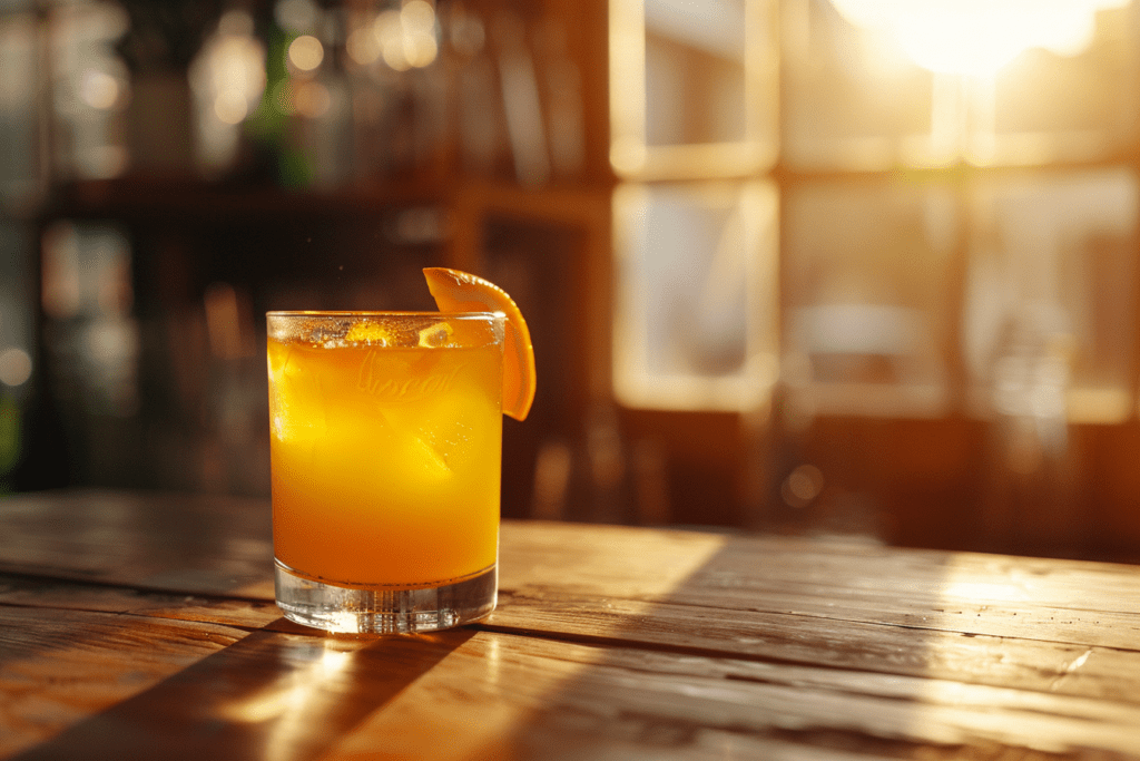 a glass of orange juice on a wooden table