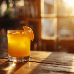 a glass of orange juice on a wooden table