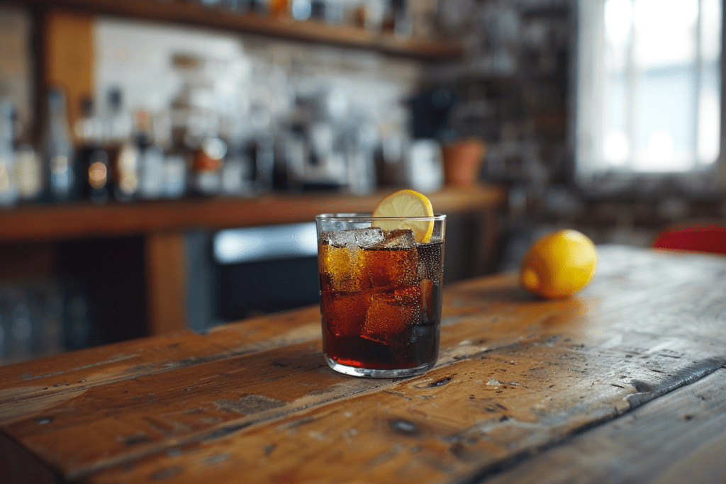 a glass of soda sitting on top of a wooden table