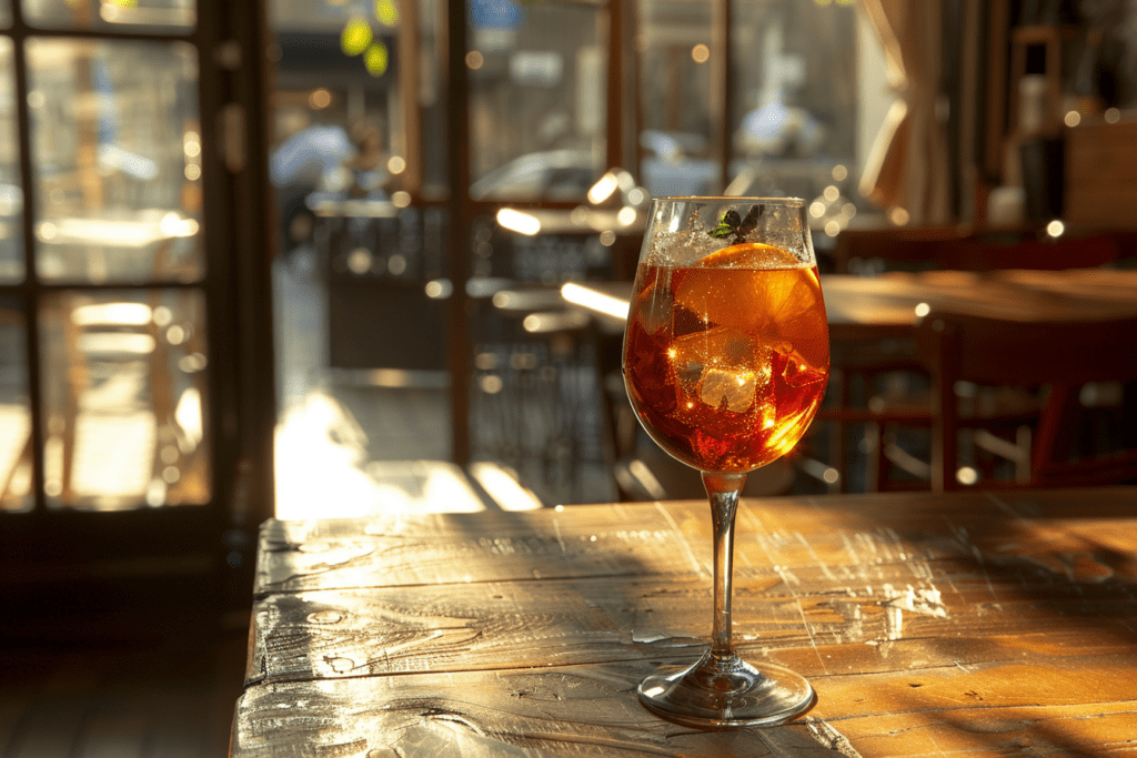 a glass of wine sitting on top of a wooden table