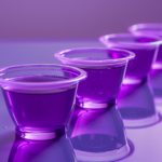 a row of purple cups sitting on top of a table