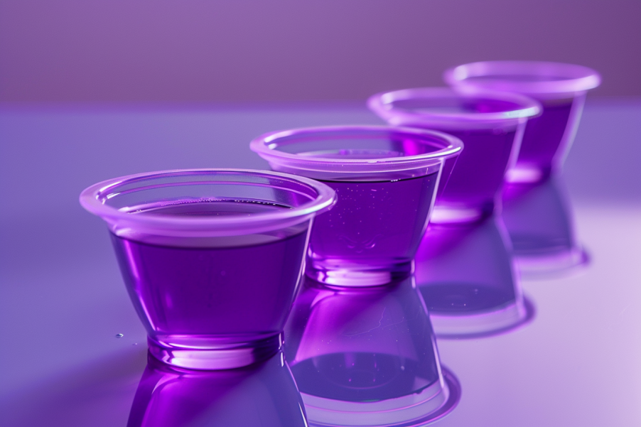 a row of purple cups sitting on top of a table