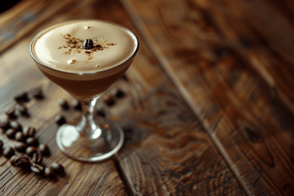 creamy expresso martini a drink in a glass on a table with coffee beans