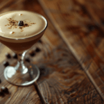 creamy expresso martini a drink in a glass on a table with coffee beans