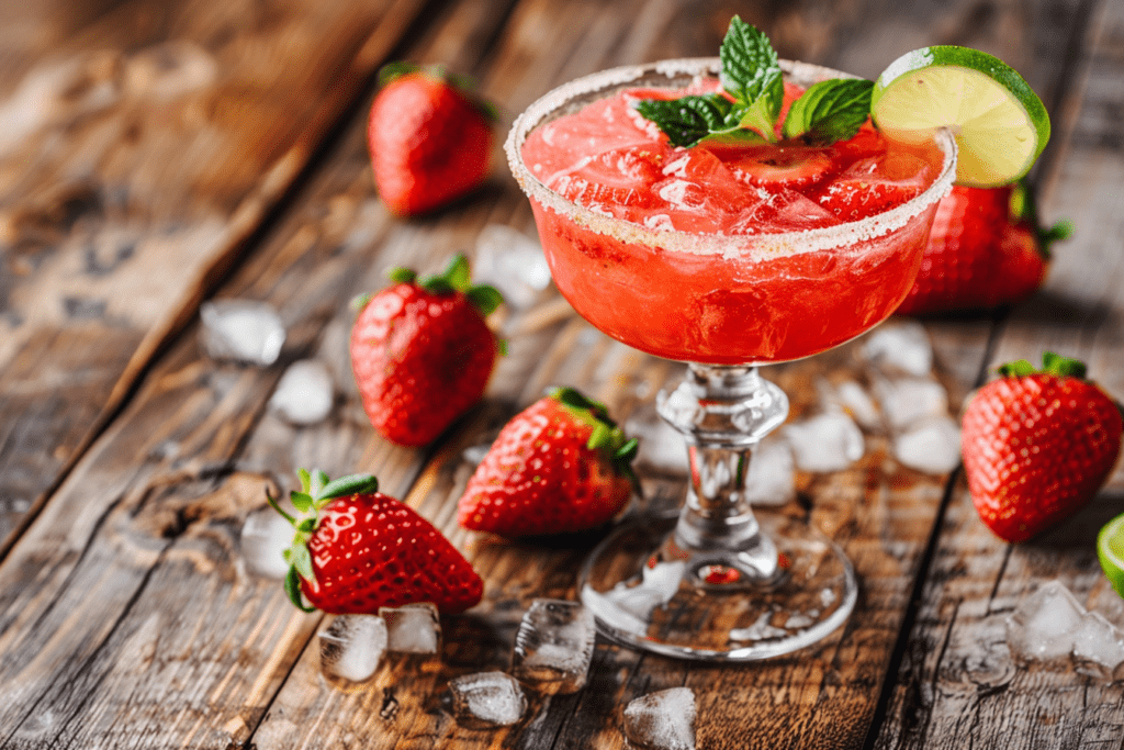 a strawberry margarita garnished with lime and mint