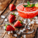 a strawberry margarita garnished with lime and mint