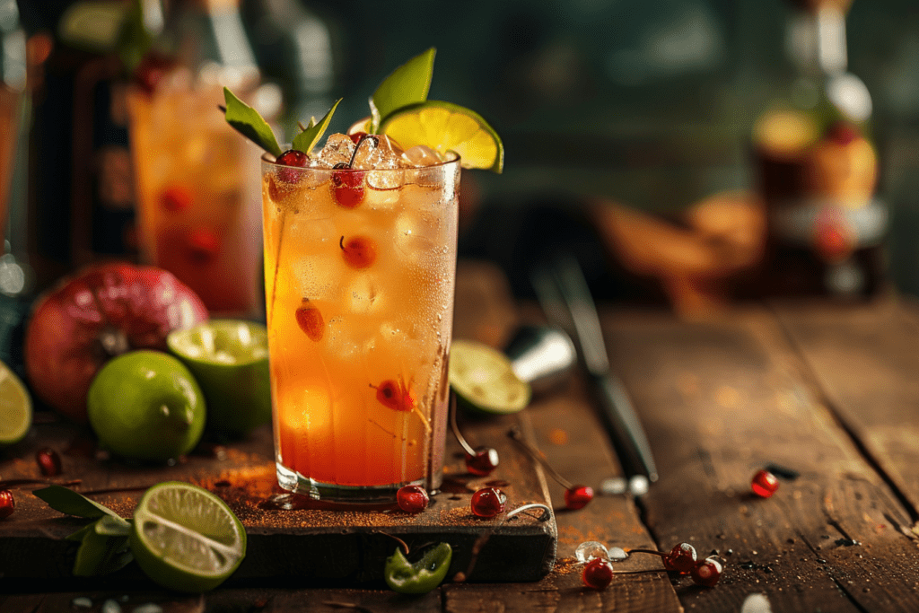 trinidad rum punch glass filled with a drink sitting on top of a wooden table