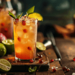 trinidad rum punch glass filled with a drink sitting on top of a wooden table