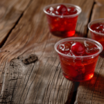 three glasses of cherry juice on a wooden table