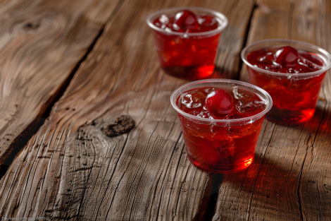 three glasses of cherry juice on a wooden table