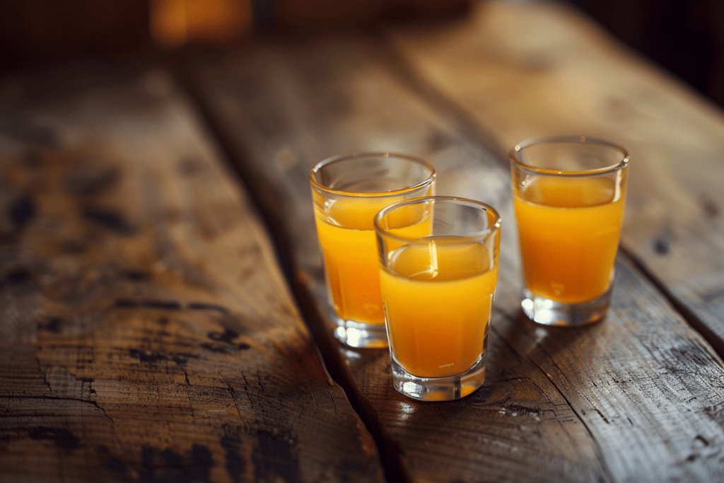 three glasses of orange juice on a wooden table