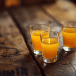 three glasses of orange juice on a wooden table