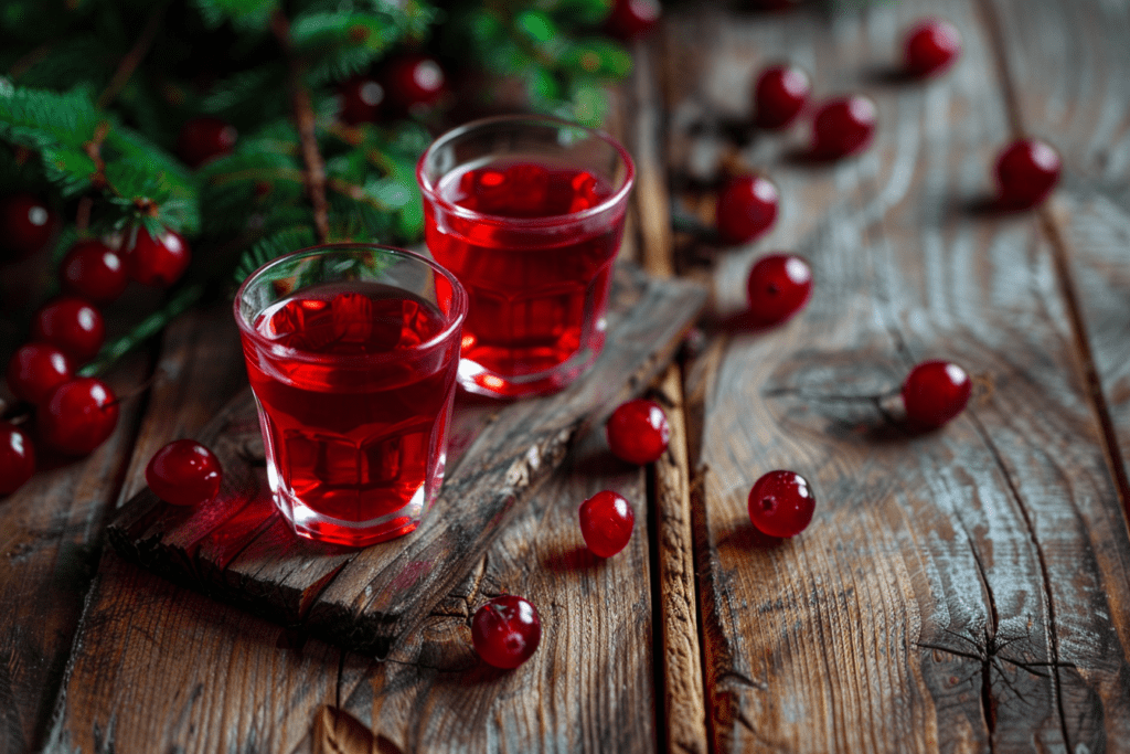 two glasses of cranberry juice on a wooden table