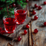 two glasses of cranberry juice on a wooden table