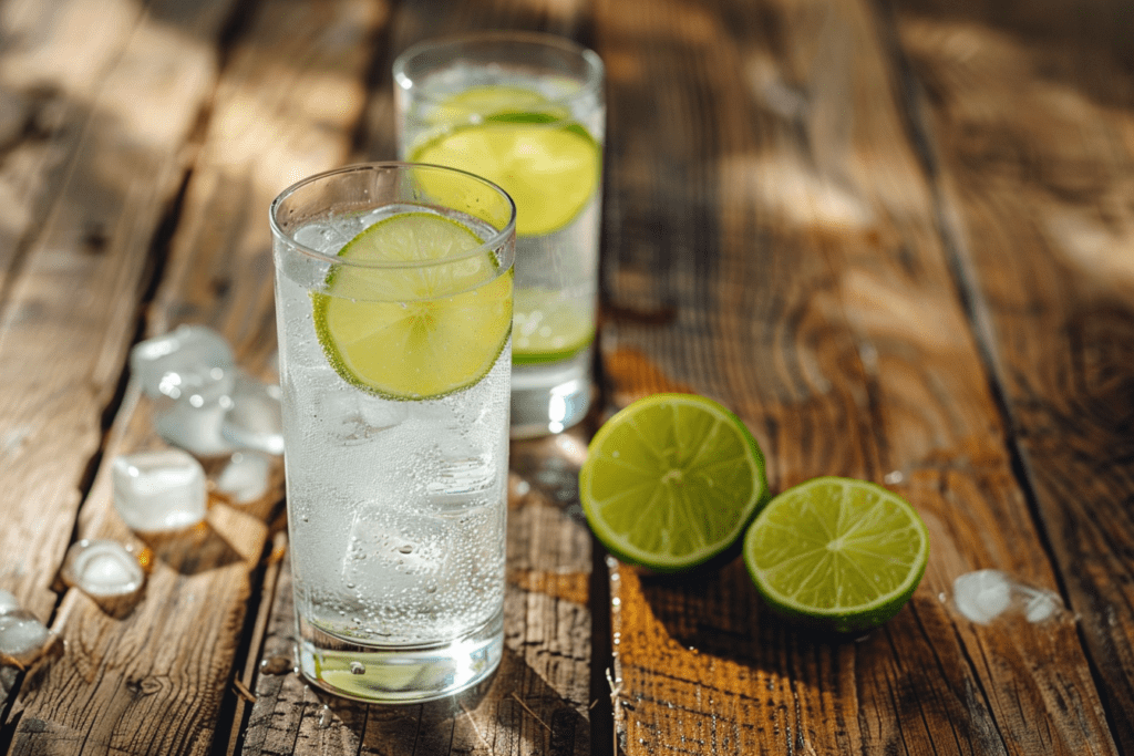 two glasses of water with limes and ice on a wooden table