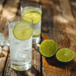 two glasses of water with limes and ice on a wooden table